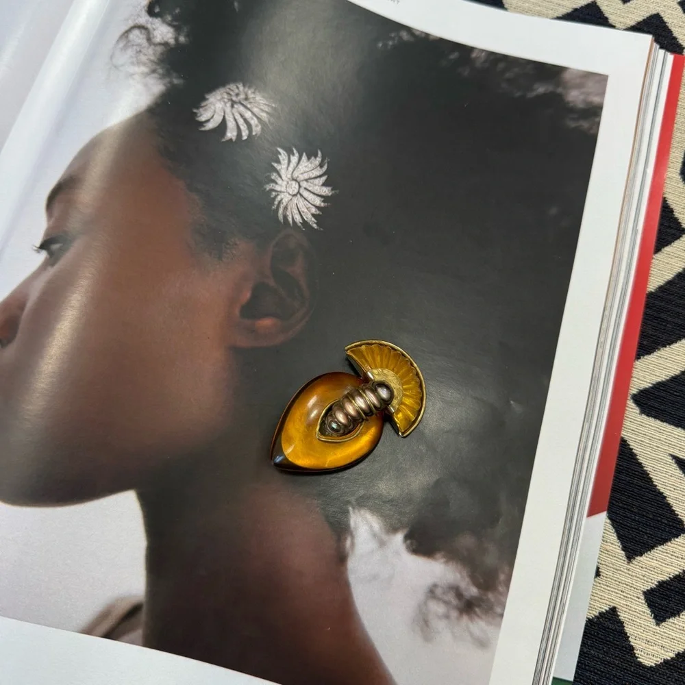 Fabrice Paris Signed Rare Vintage Amber Resin Lucite Brooch Pin Modernistic